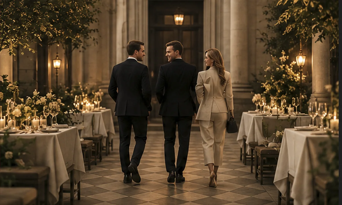 Three event professionals walking together through an elegant prepared venue.