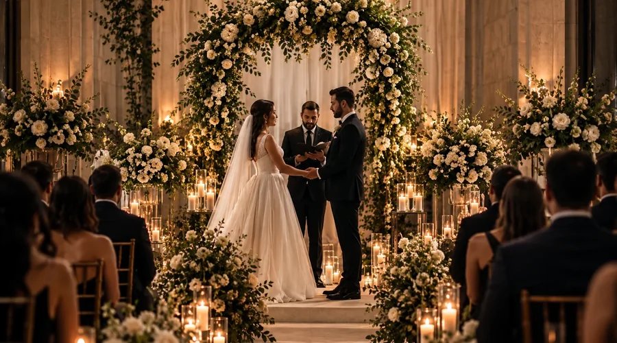 Bride and groom standing beneath a floral arch during their wedding ceremony.