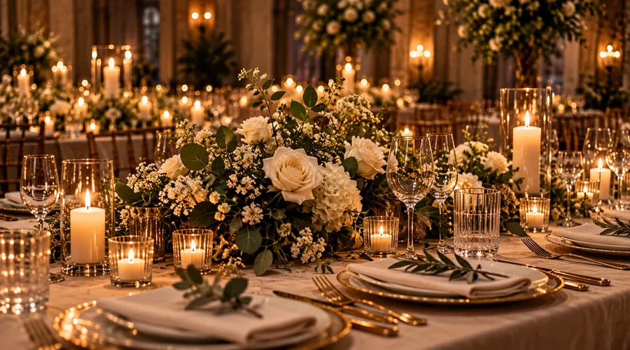 Elegant wedding table styling with white flowers, candles and place settings.