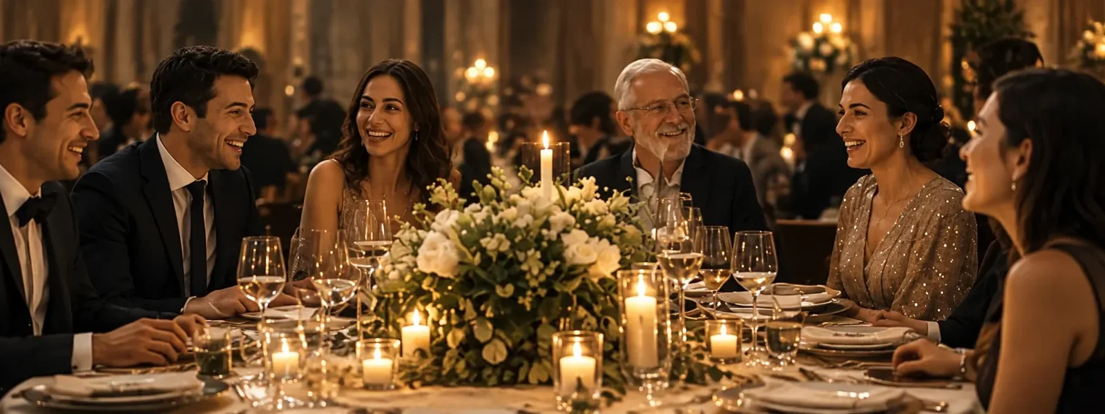 Guests laughing together around an elegant candlelit dinner table.