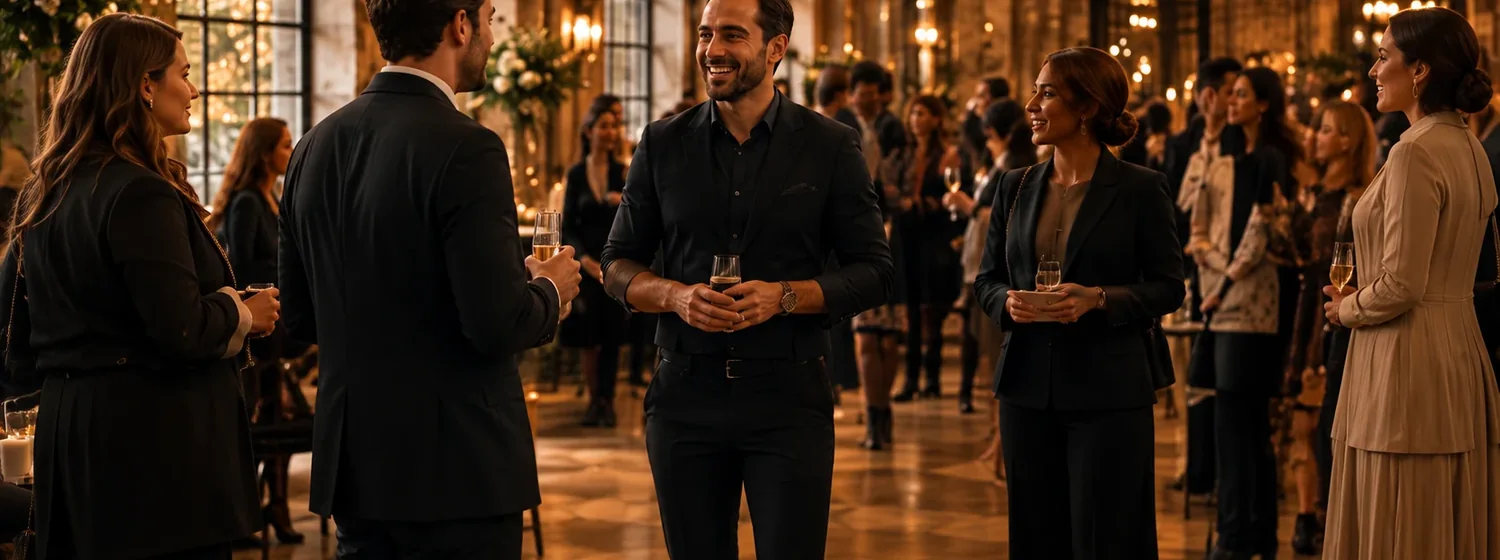 Ssazi event professionals speaking with guests during a warmly lit reception.